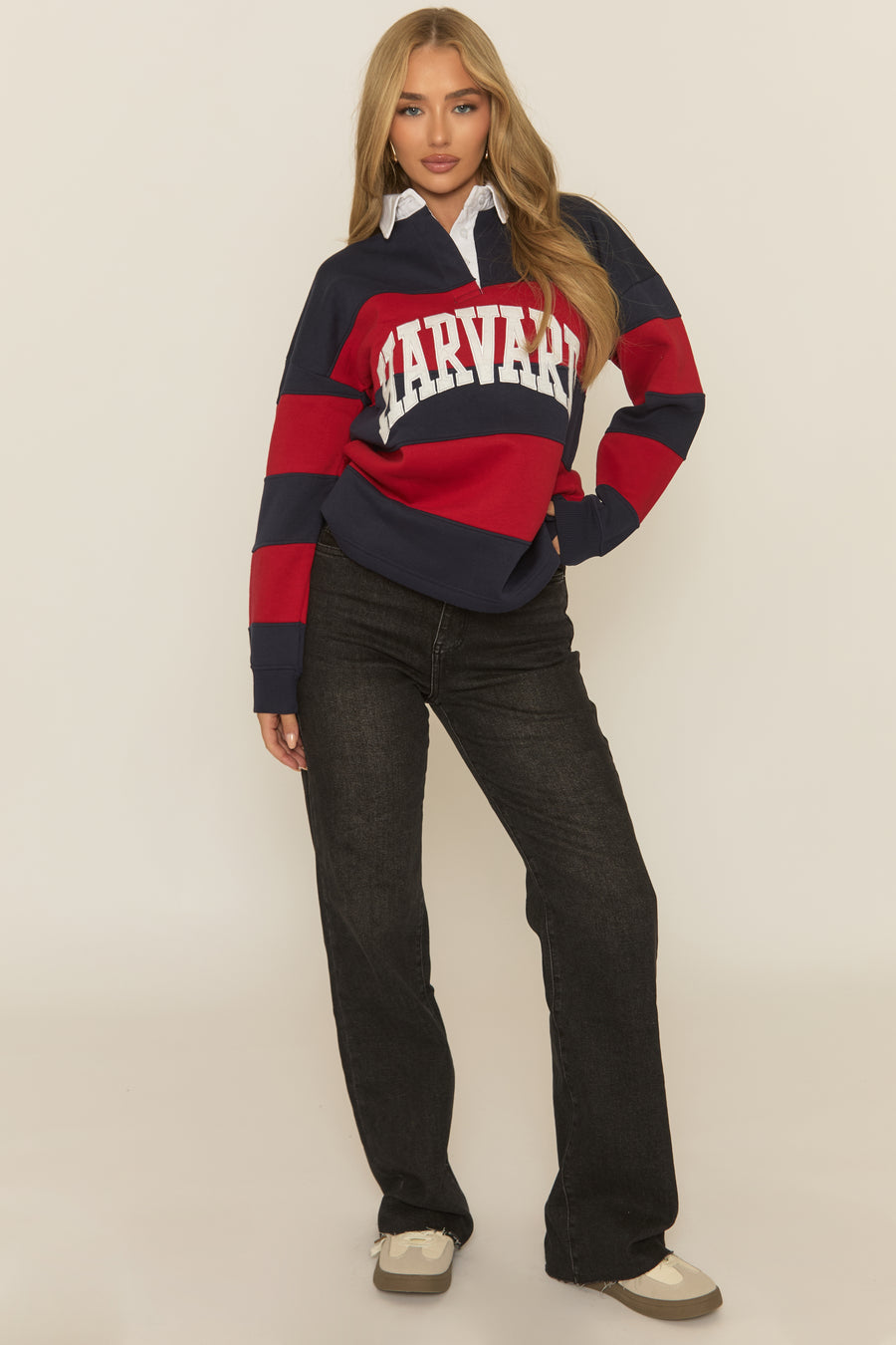 Navy Stripe Slogan Collared Sweater - Nisha