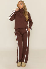 Chocolate Contrast Stripe Jacket and Joggers Loungewear Set - Denika