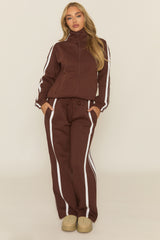 Chocolate Contrast Stripe Jacket and Joggers Loungewear Set - Denika