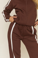 Chocolate Contrast Stripe Jacket and Joggers Loungewear Set - Denika