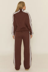 Chocolate Contrast Stripe Jacket and Joggers Loungewear Set - Denika