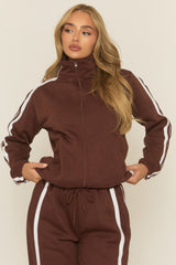 Chocolate Contrast Stripe Jacket and Joggers Loungewear Set - Denika