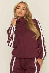 Wine Contrast Stripe Jacket and Joggers Loungewear Set - Denika