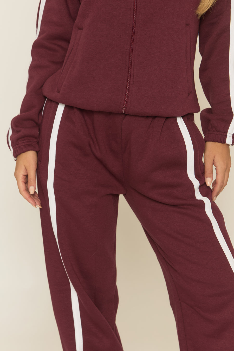 Wine Contrast Stripe Jacket and Joggers Loungewear Co-ord Set - Denika
