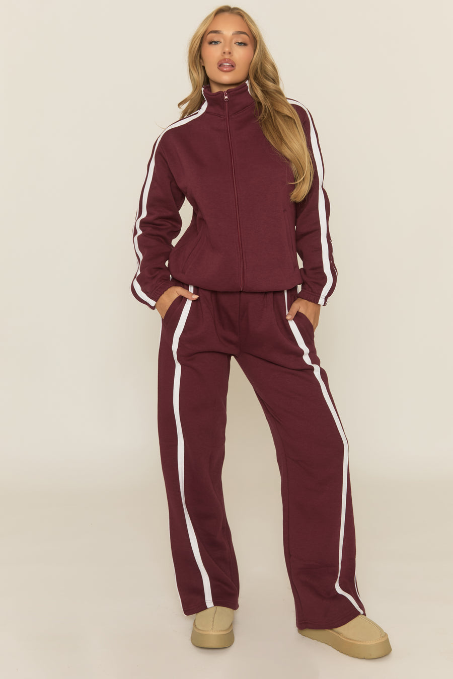 Wine Contrast Stripe Jacket and Joggers Loungewear Co-ord Set - Denika