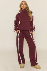 Wine Contrast Stripe Jacket and Joggers Loungewear Set - Denika
