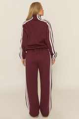 Wine Contrast Stripe Jacket and Joggers Loungewear Set - Denika