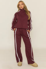 Wine Contrast Stripe Jacket and Joggers Loungewear Set - Denika