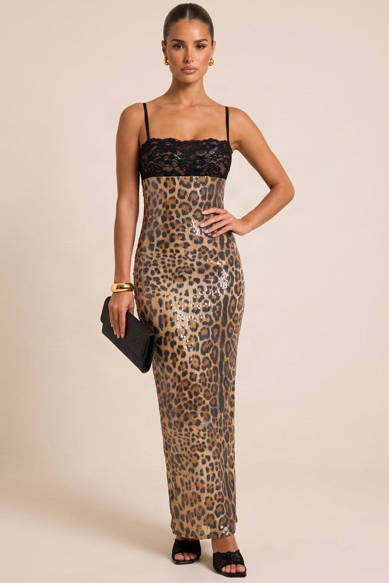 Brown Leopard Sequin Lace Trim Maxi Dress - Shiree