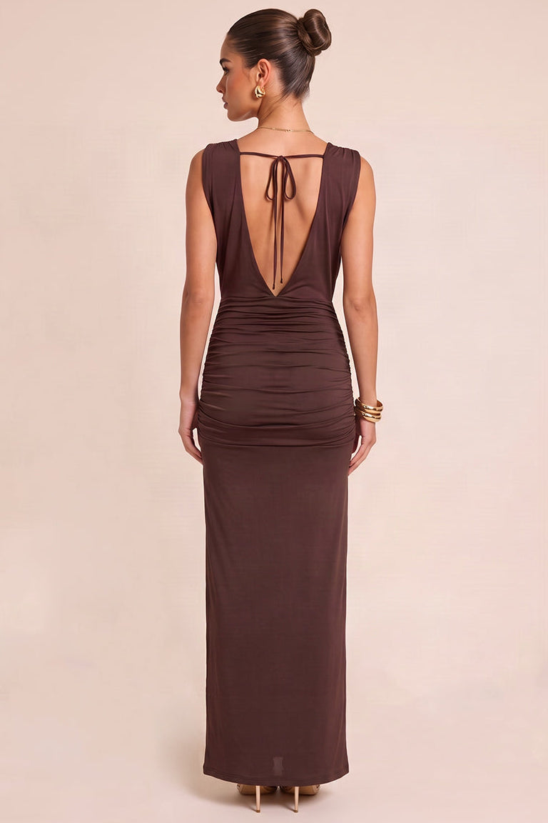 Chocolate Draped Split Front Maxi Dress - Raelyn