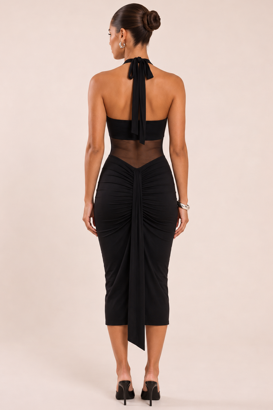 Black Mesh Insert Ruched Drape Detail Midi Dress - Aideen