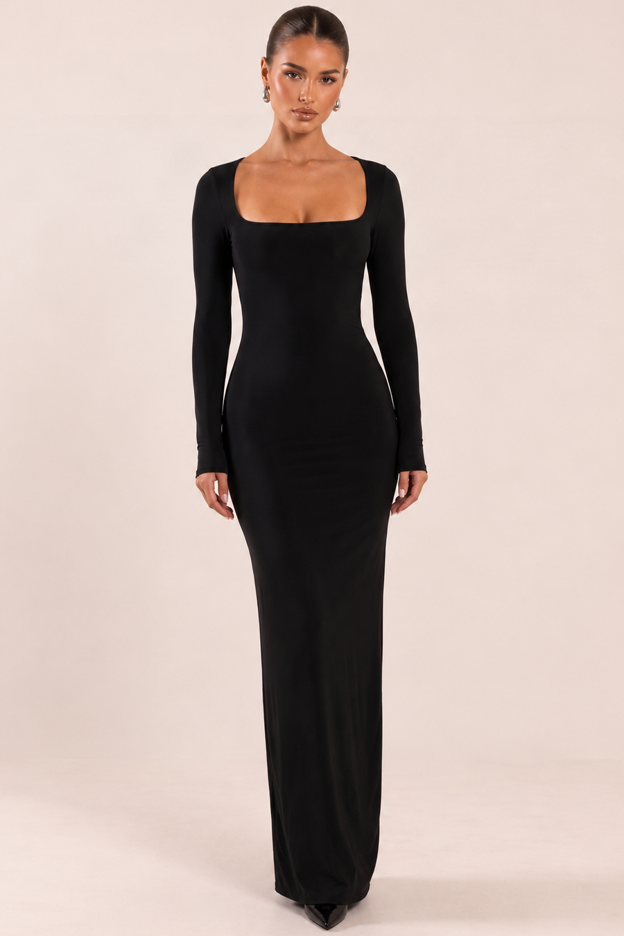 Black Long Sleeve Slinky Square Neck Bodycon Maxi Dress - Kayah
