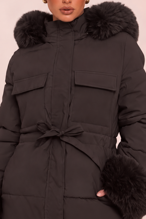 Black Faux Fur Trim Longline Puffer Jacket -  Candy