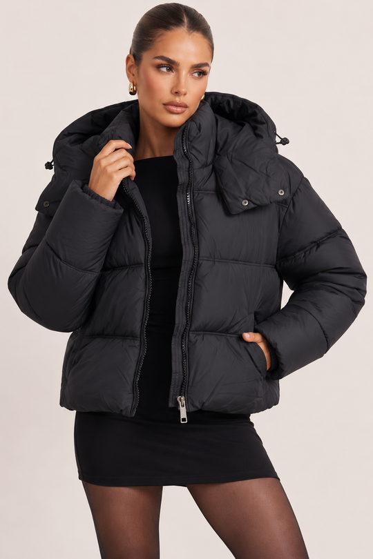 Black High Neck Hooded Cropped Puffer Coat - Cole