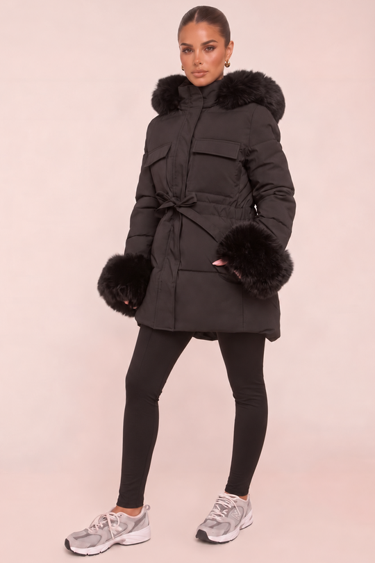 Black Faux Fur Trim Longline Puffer Jacket -  Candy