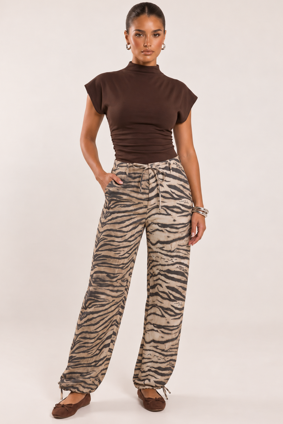 Beige Zebra Print Woven Barrel Leg Trousers - Drew