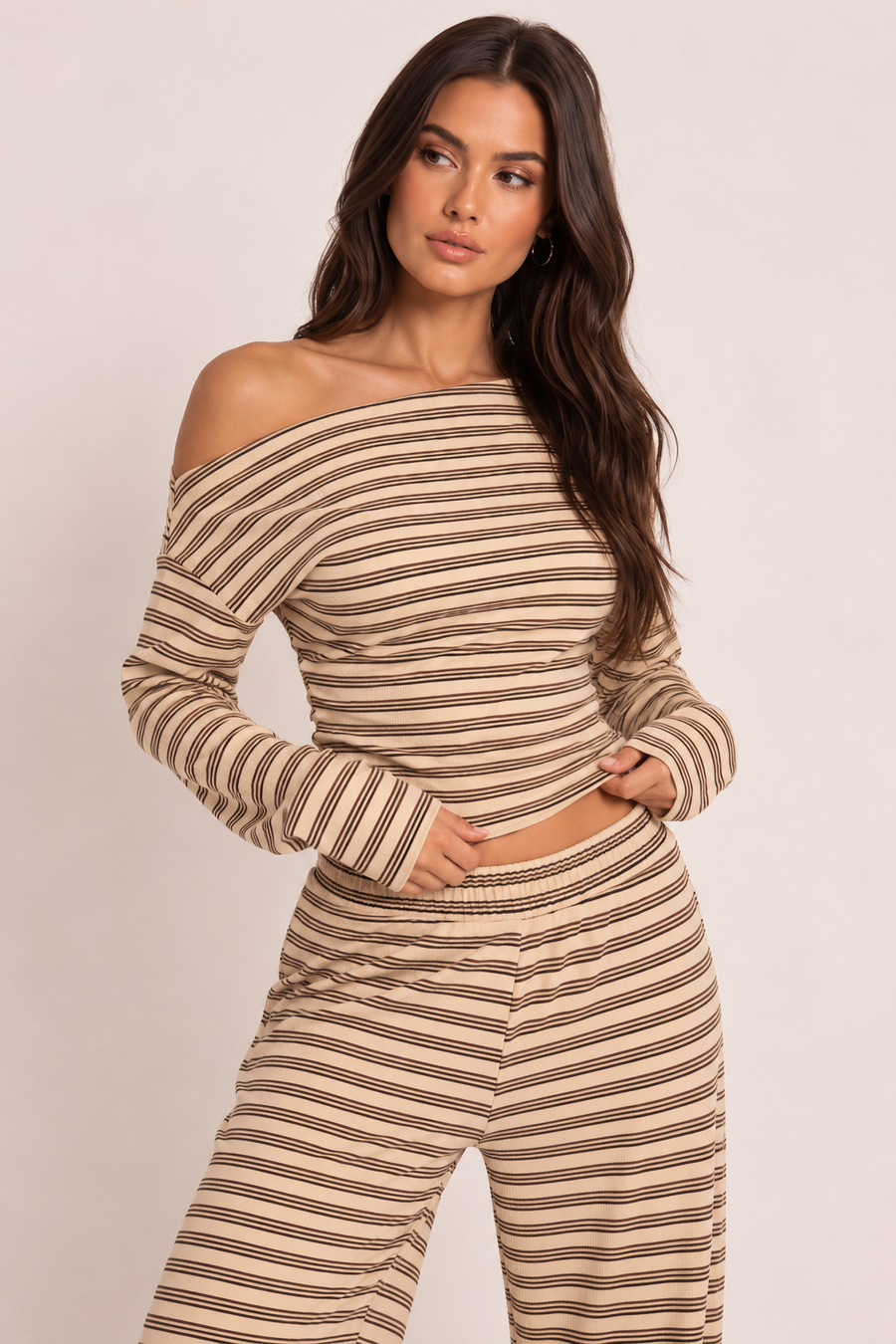 Cream Fleece Asymmetric Long Sleeve Stripe Top - Joan