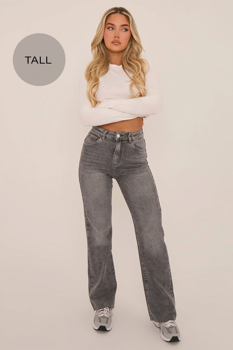 Tall Grey Stretch Straight Leg Frayed Hem Jeans - Scarlett