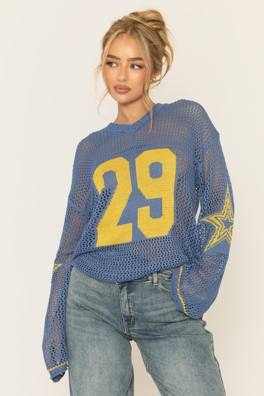 Blue V Neck Varsity Knitted Top - Bryonie