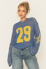 Blue V Neck Varsity Knitted Top - Bryonie