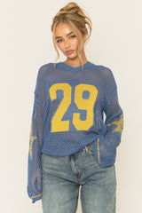 Blue V Neck Varsity Knitted Top - Bryonie