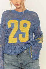 Blue V Neck Varsity Knitted Top - Bryonie