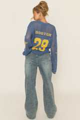 Blue V Neck Varsity Knitted Top - Bryonie
