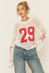 White V Neck Varsity Knitted Top - Bryonie