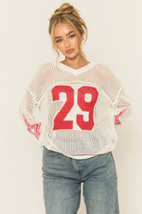 White V Neck Varsity Knitted Top - Bryonie