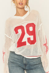 White V Neck Varsity Knitted Top - Bryonie