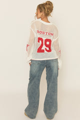 White V Neck Varsity Knitted Top - Bryonie