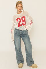 White V Neck Varsity Knitted Top - Bryonie