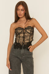 Black Contrast Eyelash Lace Corset - Marelle