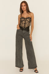 Black Contrast Eyelash Lace Corset - Marelle