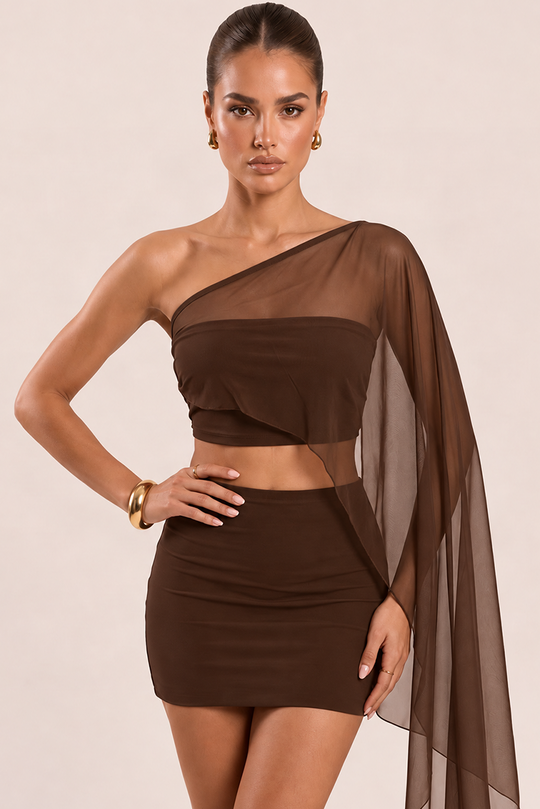 Chocolate Mesh One Shoulder Top and Mini Skirt Co-ord Set - Nelda