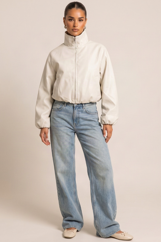 Cream Faux Leather Funnel Neck Oversized Bomber Jacket - Orlana