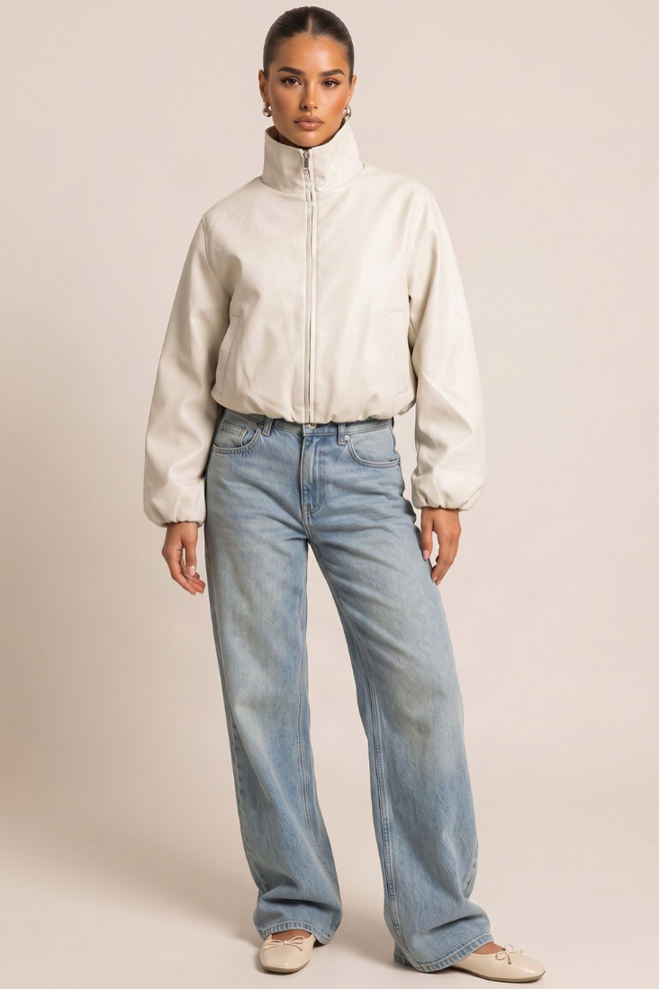 Cream Faux Leather Funnel Neck Oversized Bomber Jacket - Orlana