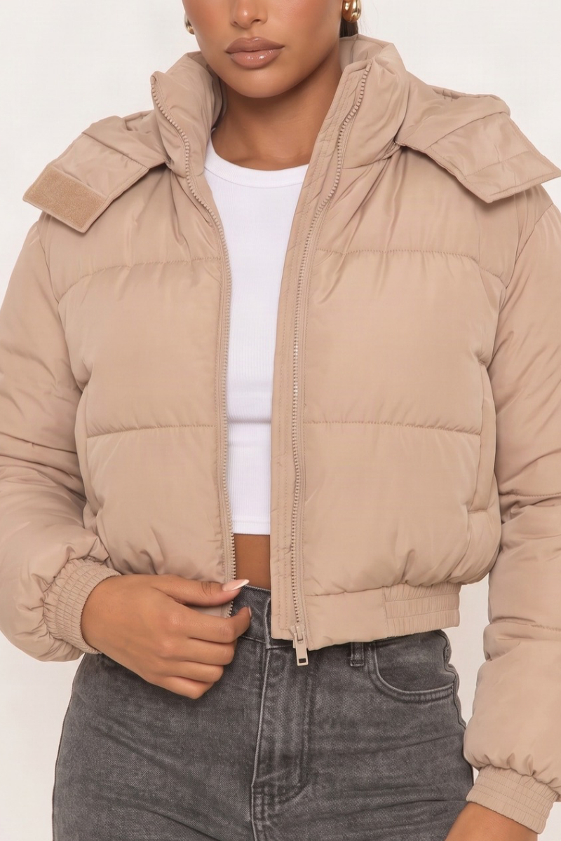 Stone Hooded Zip Through Crop Puffer Jacket - Careen