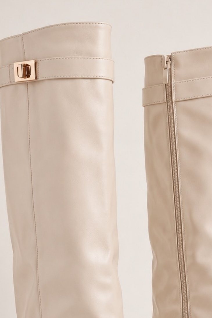 Beige PU Trim Detail Layered Knee High Boots - Izzy