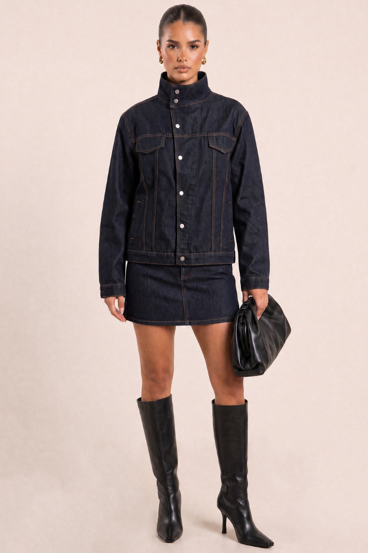 Indigo Funnel Neck Denim Jacket - Adalia