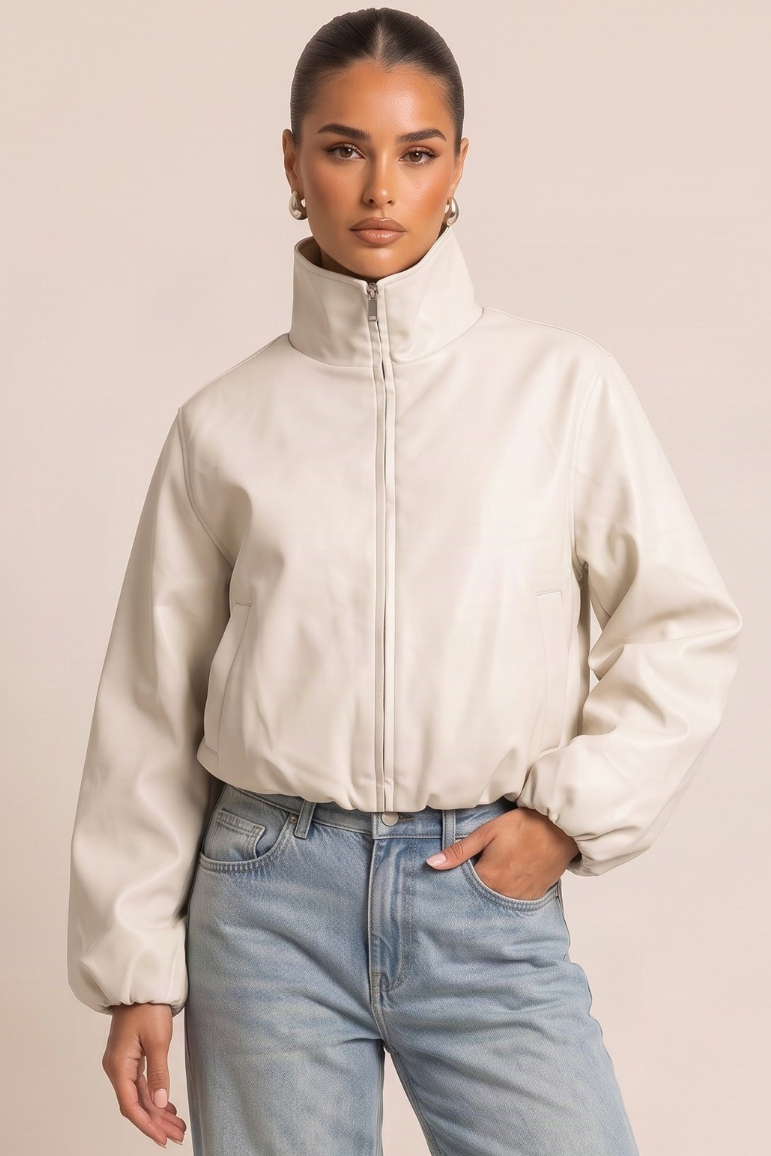 Cream Faux Leather Funnel Neck Oversized Bomber Jacket - Orlana