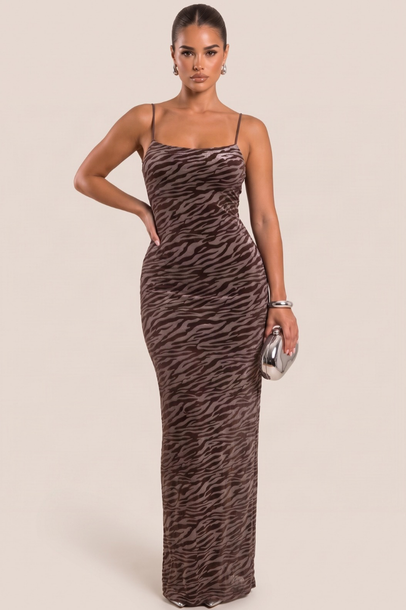 Chocolate Velvet Zebra Devore Maxi Dress - Regina