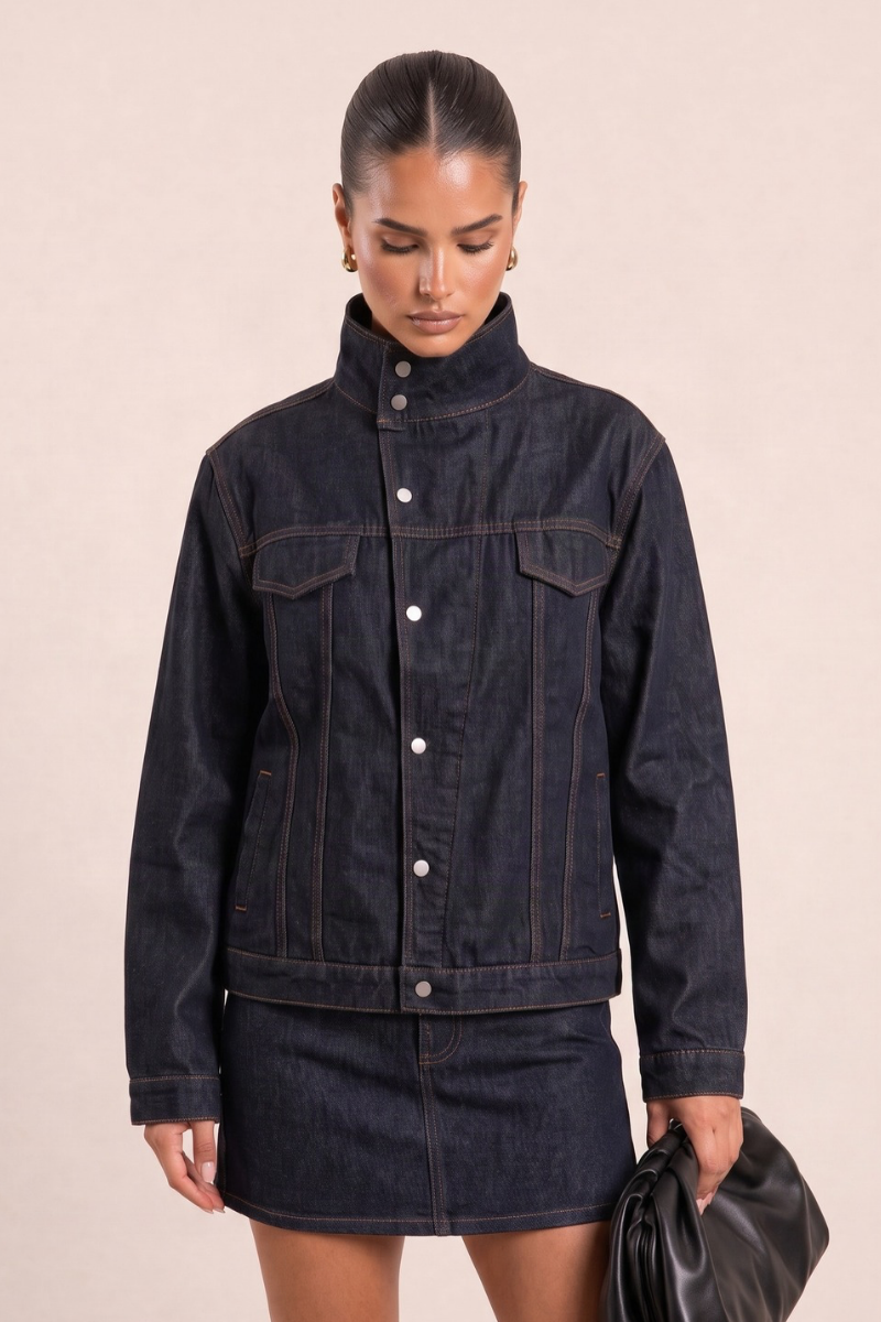 Indigo Funnel Neck Denim Jacket - Adalia