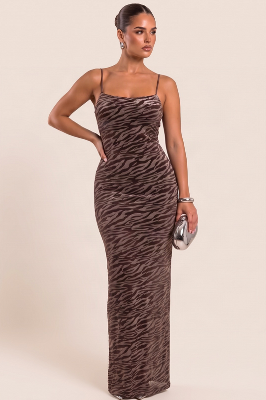 Chocolate Velvet Zebra Devore Maxi Dress - Regina
