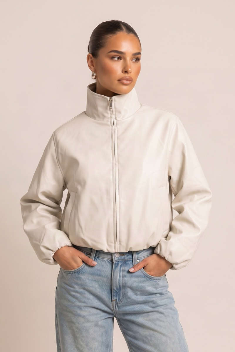Cream Faux Leather Funnel Neck Oversized Bomber Jacket - Orlana
