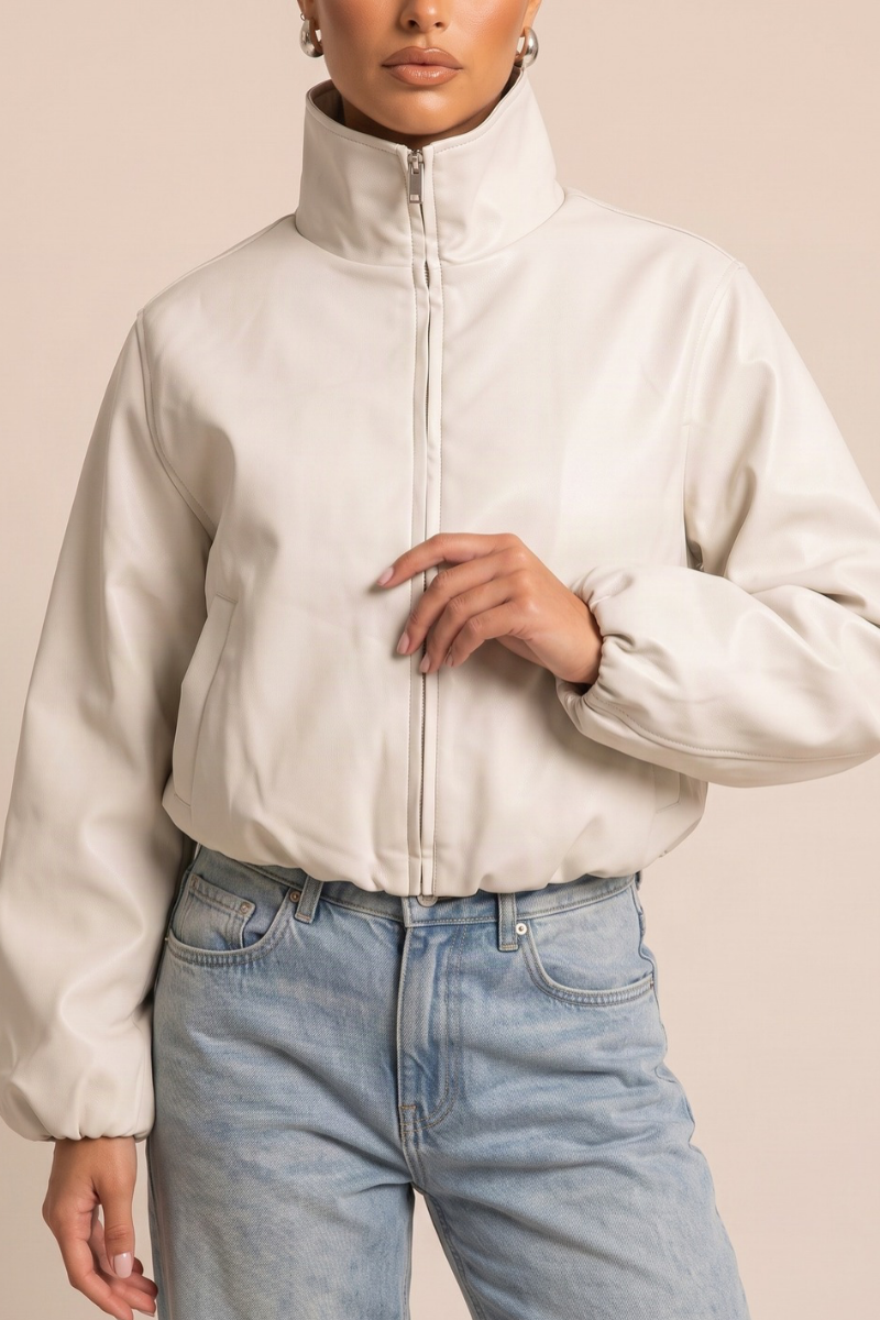 Cream Faux Leather Funnel Neck Oversized Bomber Jacket - Orlana