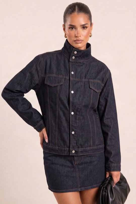 Indigo Funnel Neck Denim Jacket - Adalia