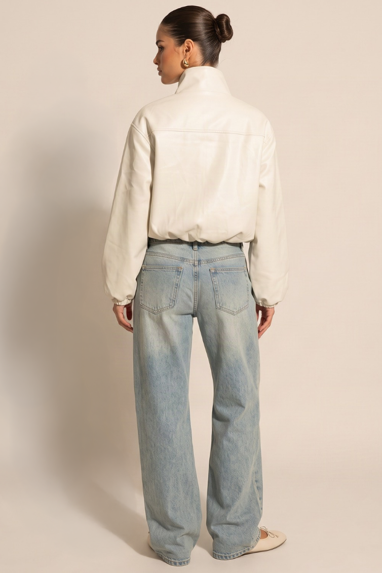 Cream Faux Leather Funnel Neck Oversized Bomber Jacket - Orlana