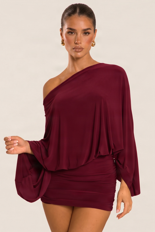 Wine Asymmetric Batwing Mini Dress - Neema
