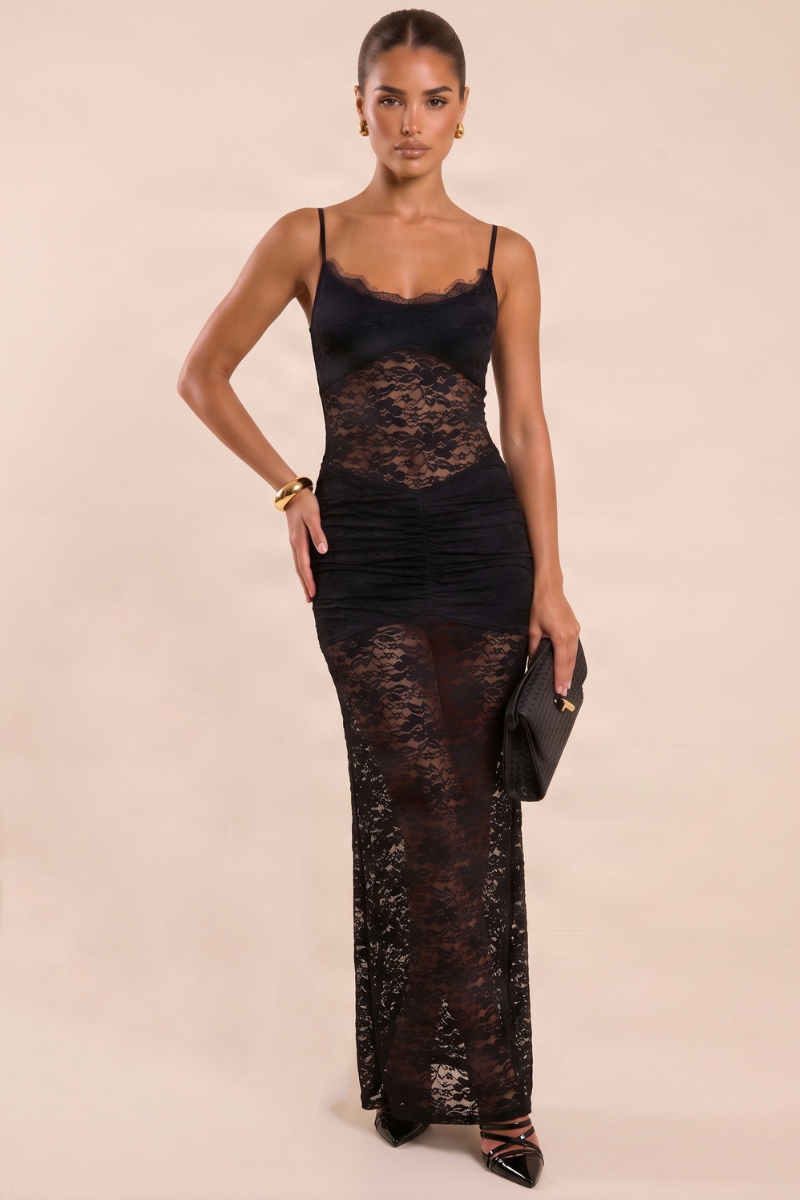 Black Lace Bust Panel Ruched Maxi Dress - Janis
